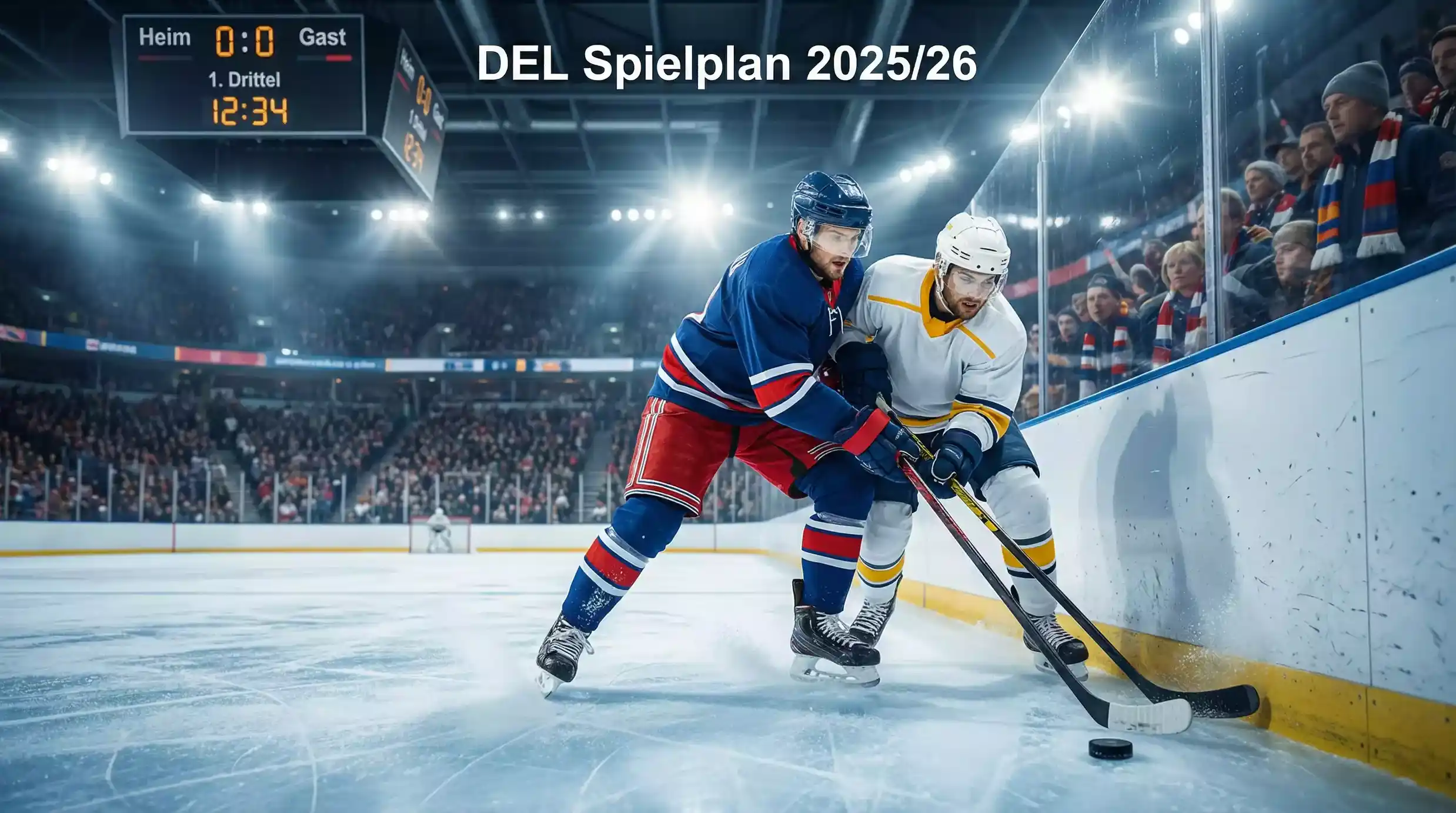 DEL Spielplan 2025/26 — Eishockey-Spieler im Zweikampf auf der Eisfläche einer vollen Arena
