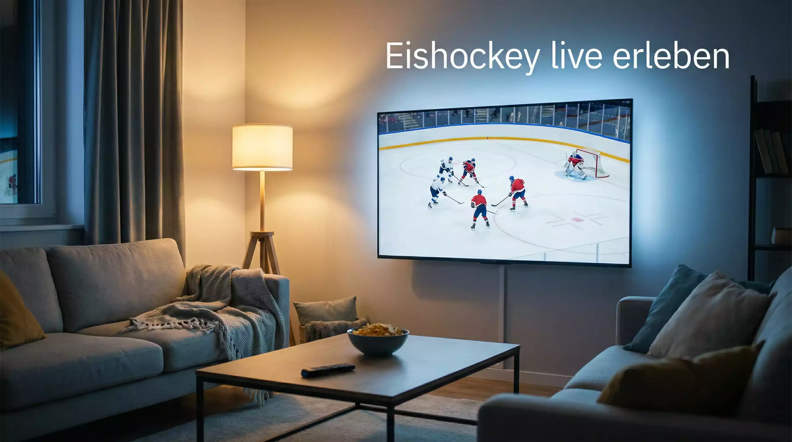 Eishockey live im TV — Wohnzimmer mit Fernseher der ein Eishockeyspiel zeigt