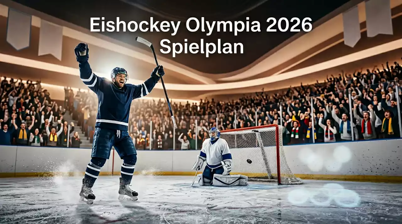 Eishockey Olympia 2026 — Eishockey-Spieler mit olympischen Ringen im Hintergrund einer Arena in Mailand