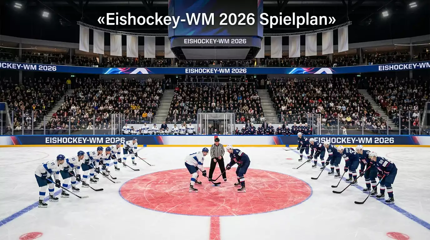 Eishockey-WM 2026 — Nationalmannschaften auf dem Eis in einer Schweizer Arena mit Länderflaggen