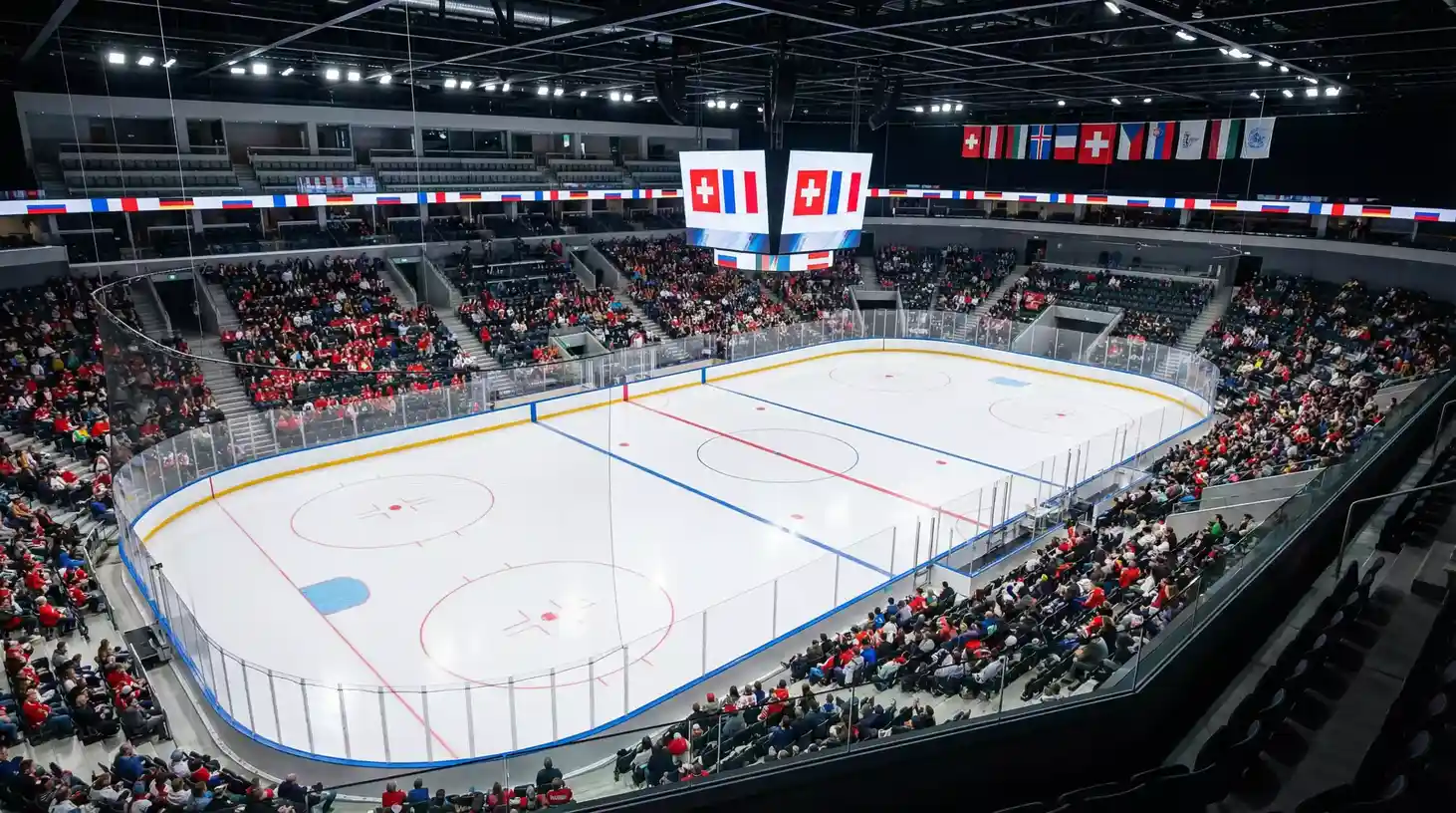 Eishockey-WM 2026 — Innenansicht einer modernen Eishockey-Arena in Zürich