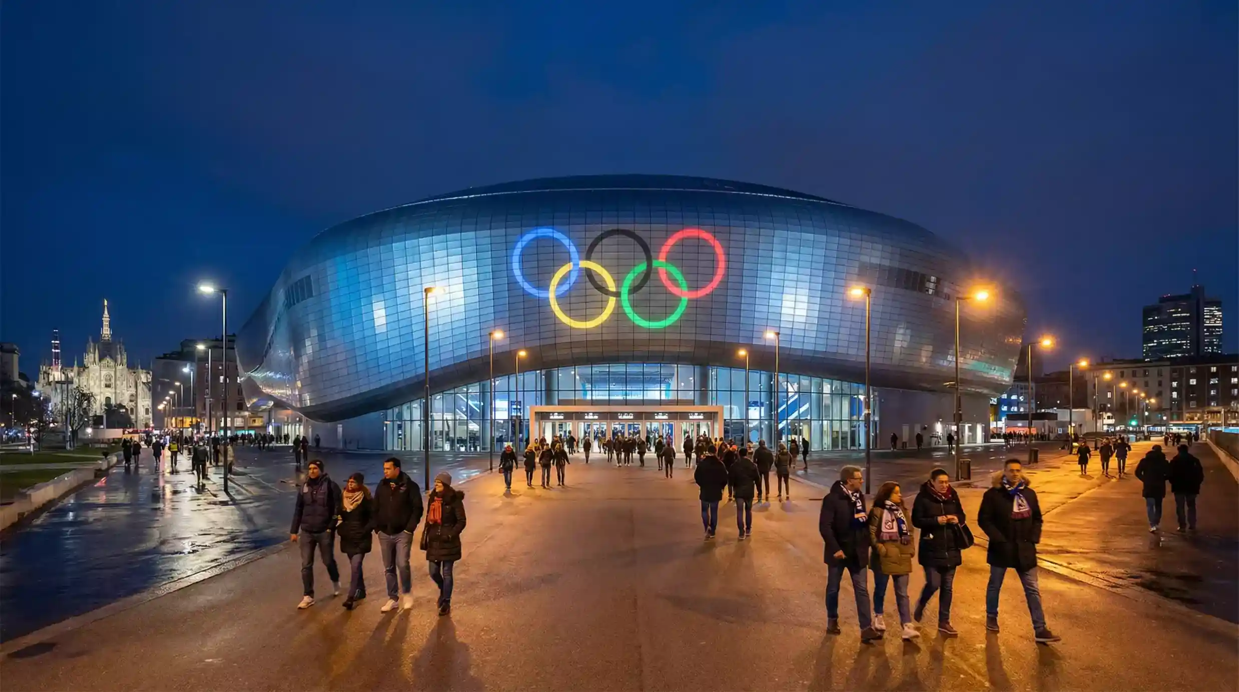 Olympia 2026 Eishockey — Außenansicht der PalaItalia Arena in Mailand bei Nacht